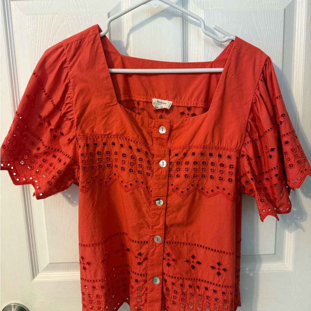 Women's Eyelet Button-Up Top - Orange